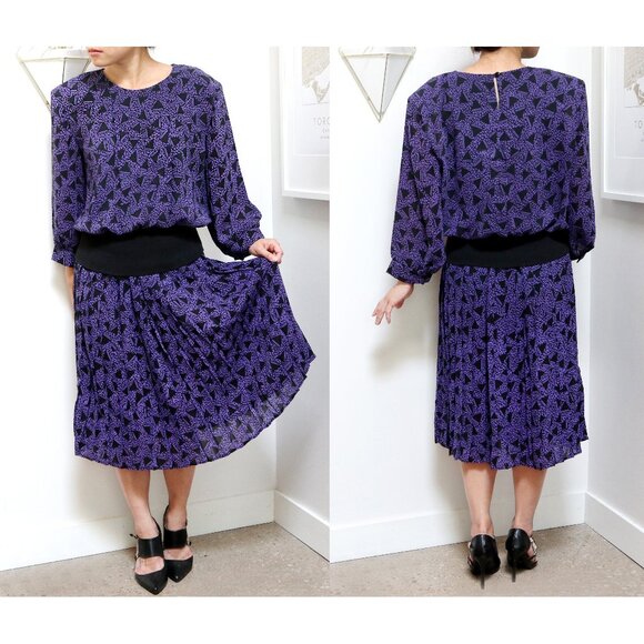 Vintage 80s Purple Triangle Print Dress, 3/4" Sleeve, Black Cinch Waist, Chiffon - Picture 1 of 8